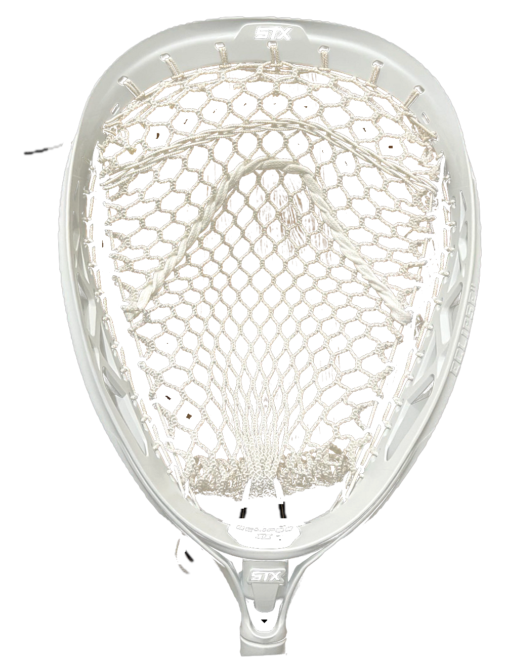 White STX goalie head with a white modern-mesh pocket and black sidewall strings