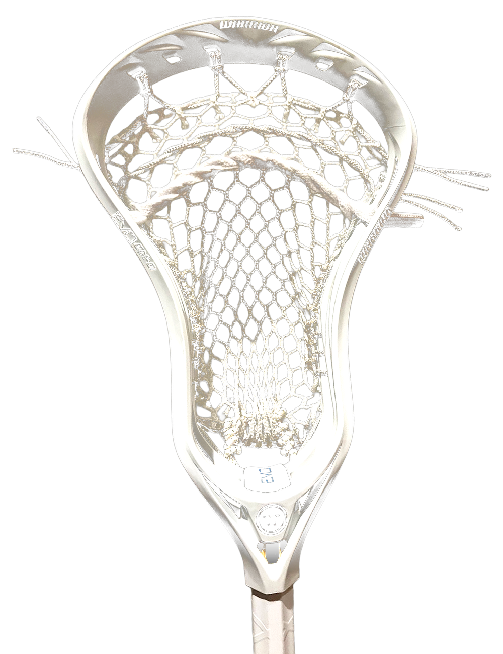 White Warrior field head seen at an angle, showing the depth of its modern-mesh pocket