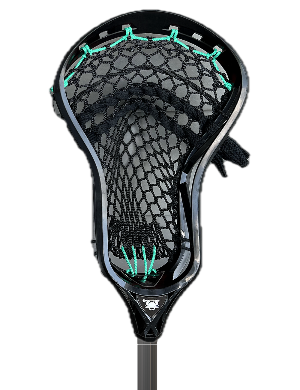Black field head with a black modern-mesh pocket and mint top string, sidewall and bottom string work