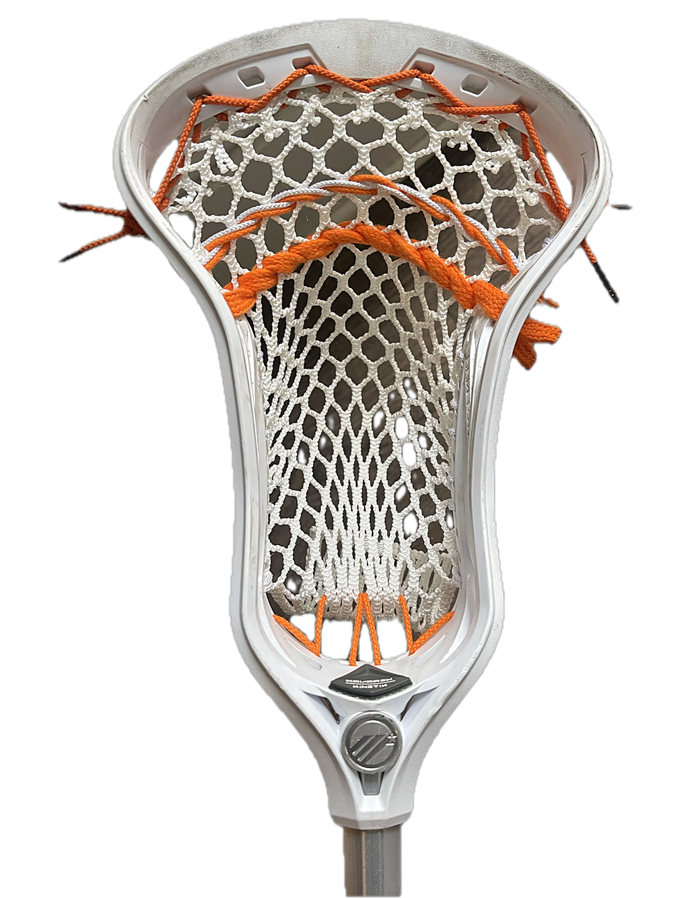 White STX field head with a white modern-mesh pocket and orange top string and sidewalls