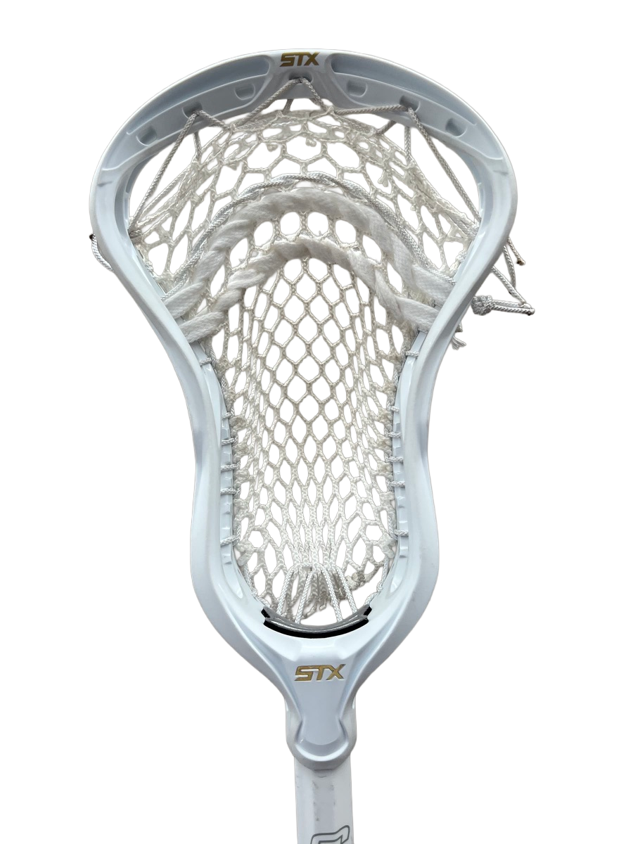 Front view of a white STX field lacrosse head with a white modern-mesh pocket, isolated on a transparent background